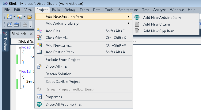 The Visual Studio Project menu contains a number of Arduino commands related to the active Project