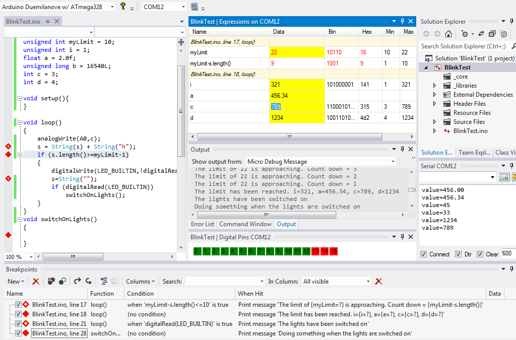 The Arduino debugger allows breakpoints and trace messages to be sent conditionally or at regular intervals.