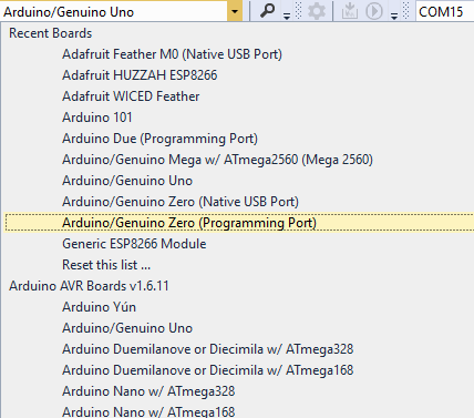 The Boards List shows install Arduino Boards grouped by Platform. Boards are automatically added to the Recently Used Boards List.
