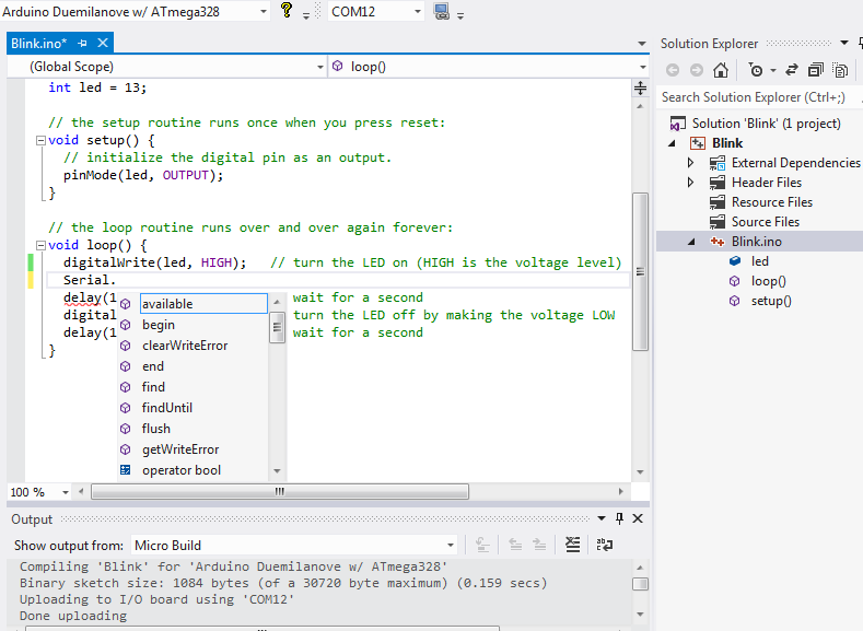 Click to see full size image of Arduino programming in Microsoft Visual Studio 2010.