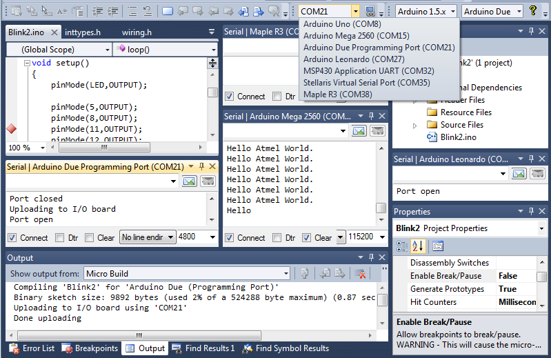 Serial Ports and Terminal Windows in Visual Studio and Atmel Studio