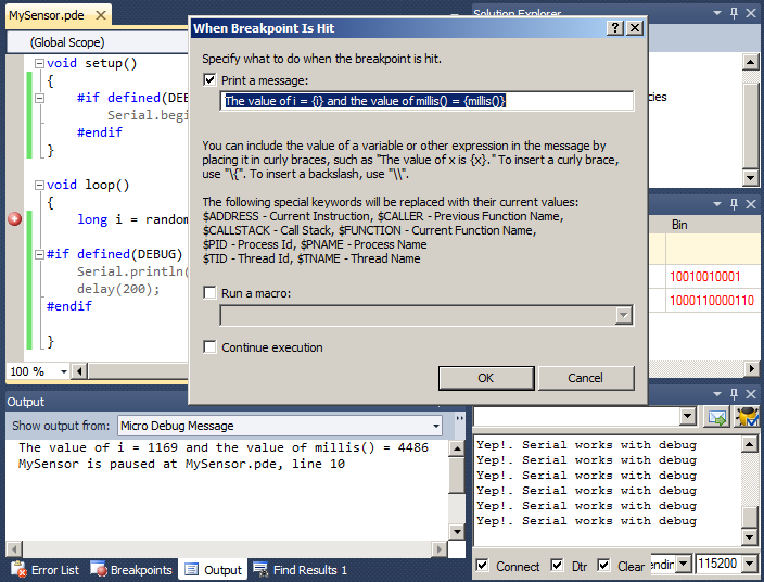 This example shows a few of the options that allow Arduino source code debugging