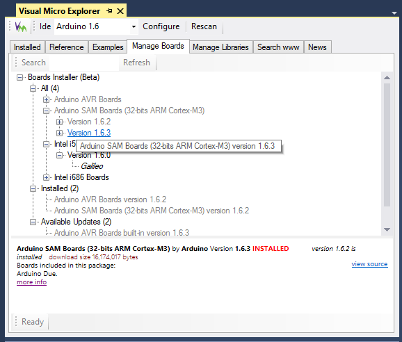 The Arduino Boards Manager provides a simple way to download and install the source code and tools for new hardware