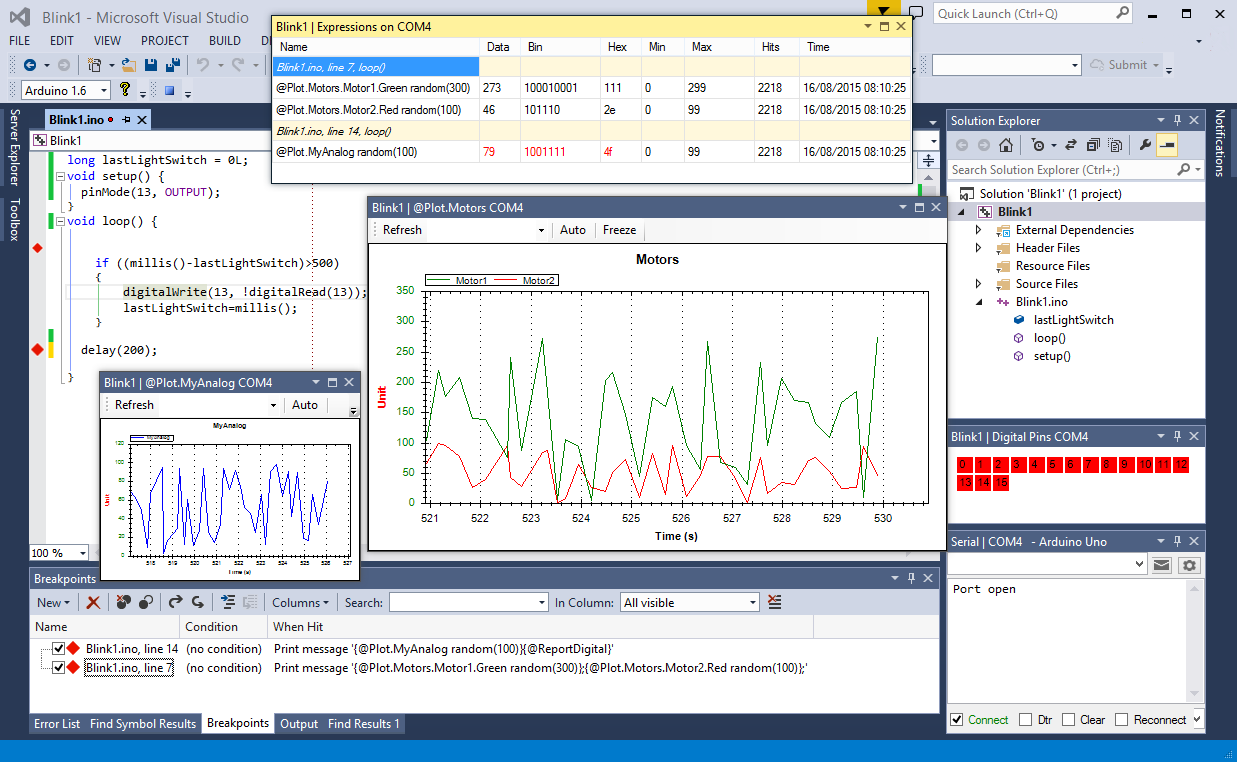 Plot unlimited graphs without hacking any Arduino code. Add graphs names, single or multiple plots per window, unlimited windows