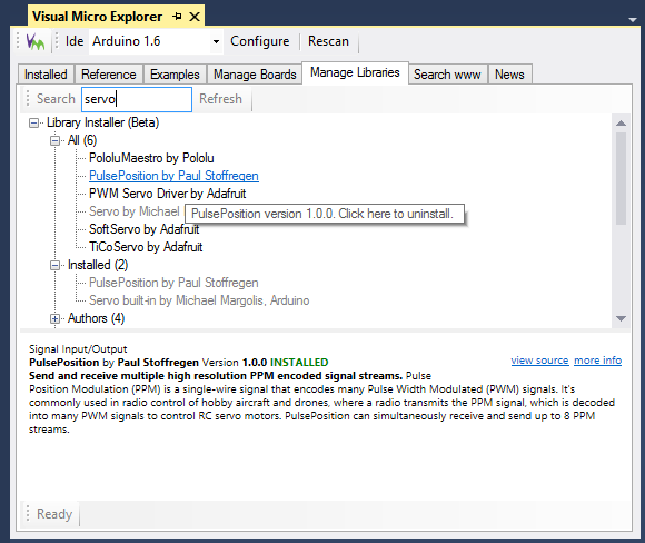 The Arduino Library Manager in Visual Studio provides a simple way to download and install new Arduino libraries. New versions of installed libraries will also appear in the Library Manager