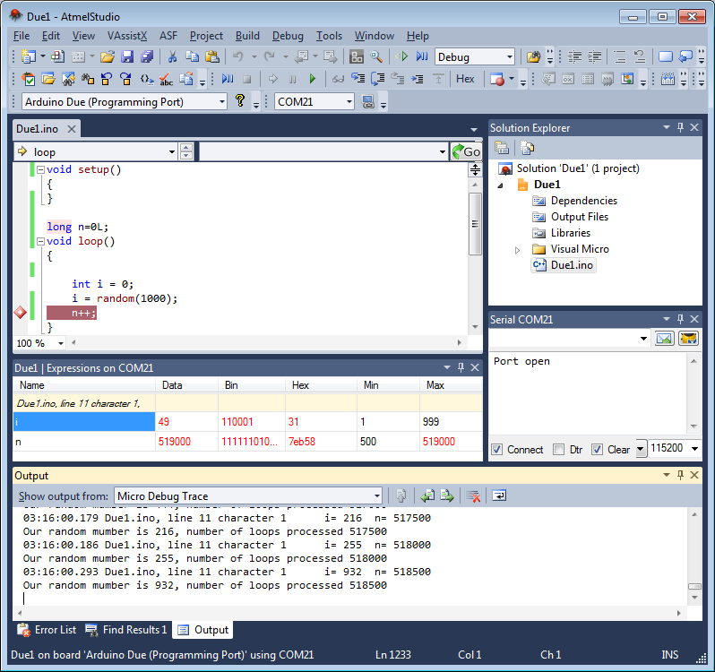 Click to see full size image of Arduino programming in Microsoft Visual Studio 2010.