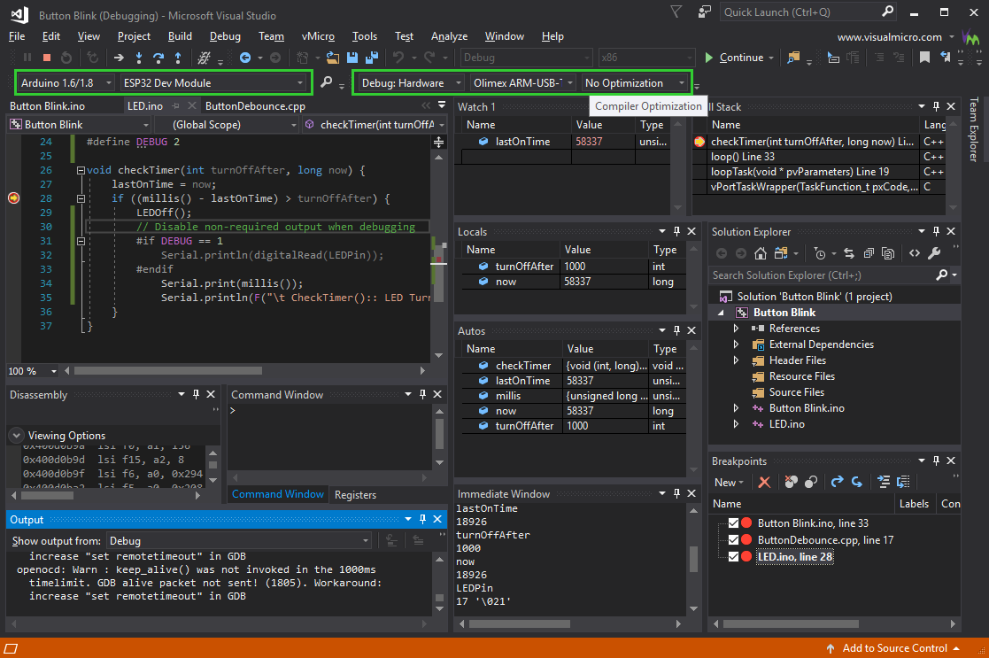 ESP32 Debugging in vMicro and Visual Studio