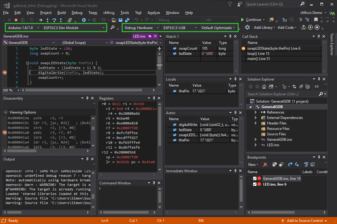 ESP32 Debugging in vMicro and Visual Studio