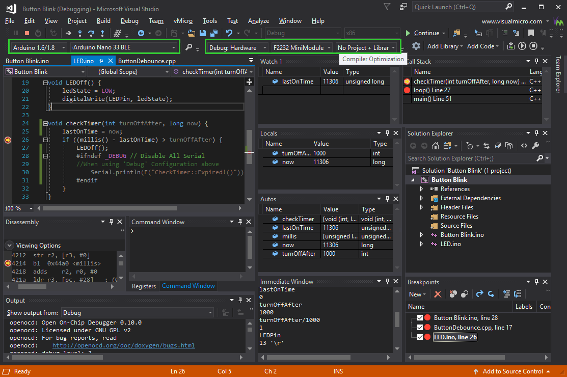 NRF52 Debugging Arduino Nano 33 BLE in vMicro and Visual Studio