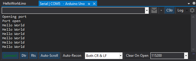 Hello World - Visual Micro Serial Monitor Output