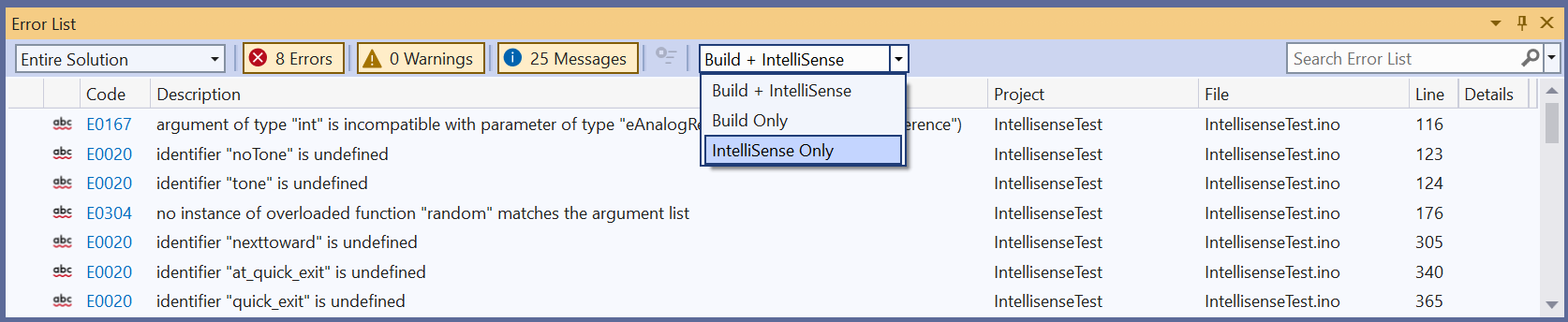 Intellisense Options in Visual Studio Error Window