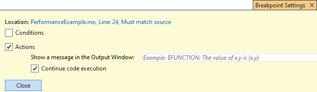 Breakpoint Actions - Ensure Code Execution Box Checked