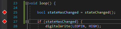 Suspect code surrounded by two breakpoints
