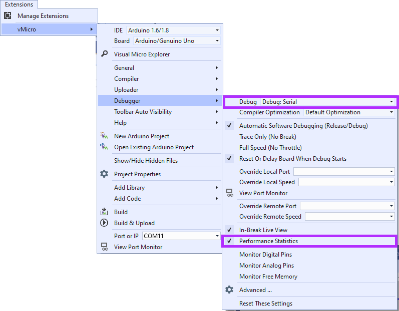 Performance Monitoring Options in Visual Micro