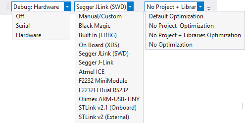 The various debugging options are shown on the vMicro menu or the debug options tool bar as shown in this picture