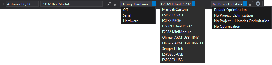 Visual Studio Toolbar Selections for ESP32