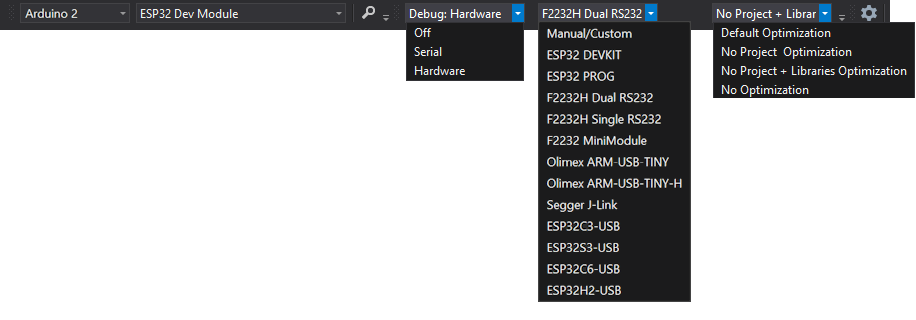 Visual Studio Toolbar Selections for ESP32