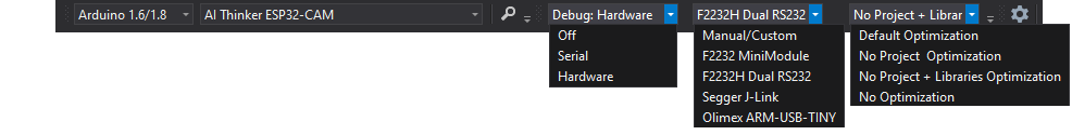 Visual Studio Toolbar Selections for ESP32-CAM