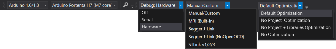 Visual Studio Toolbar Selections for Portenta H7
