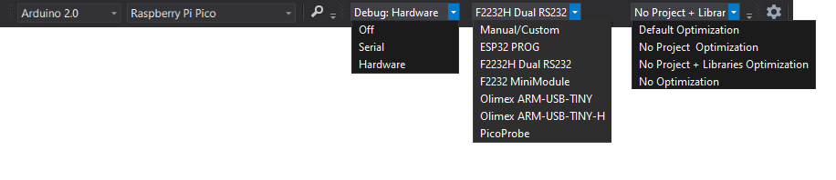 Visual Studio Toolbar Selections for Raspberyy Pi Pico