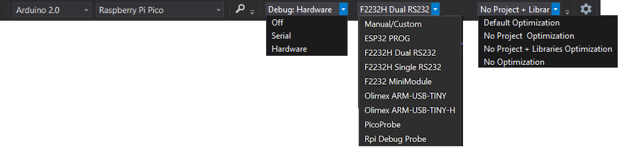 Raspberyy Pi Pico VS Option Selections Visual Studio Toolbar Selections for Raspberyy Pi Pico