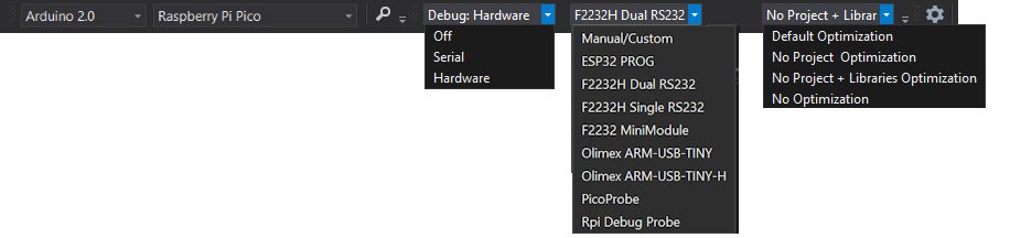 Visual Studio Toolbar Selections for Raspberyy Pi Pico