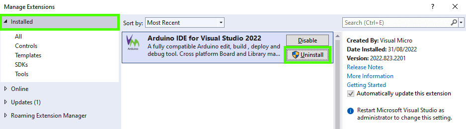 Visual Studio Extension Manager Window