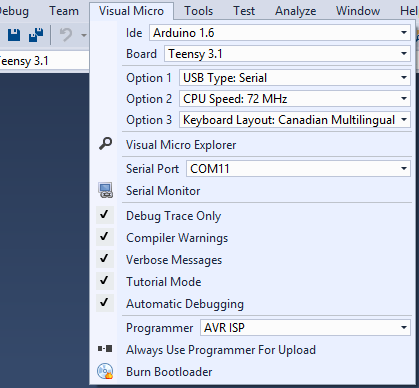 The Visual Micro main menu provides quick access to most Arduino features in Visual Studio