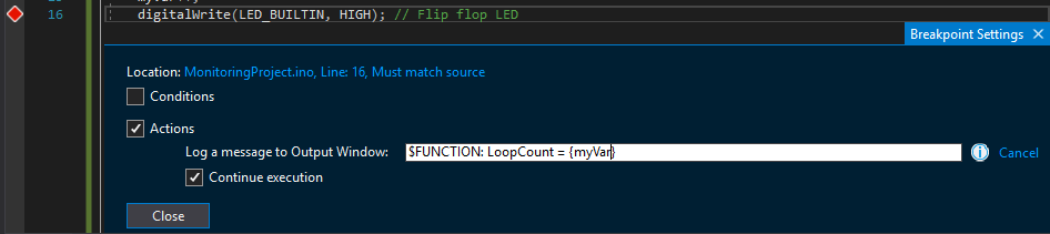 Tracepoint with custom message and variable tracking
