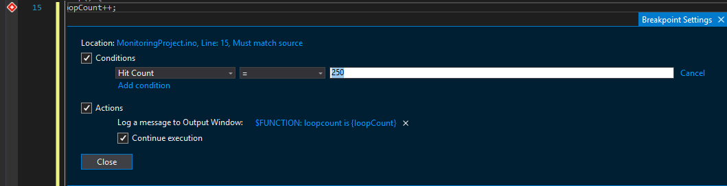 vMicro TracePoint with Hit Counter Settings