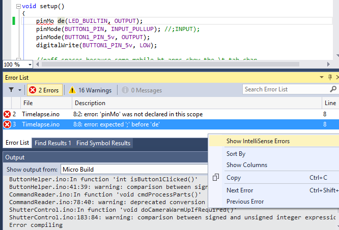 The image shows how Arduino compiler errors and warnings can be viewed in a variety of ways, intellisense errors can be excluded