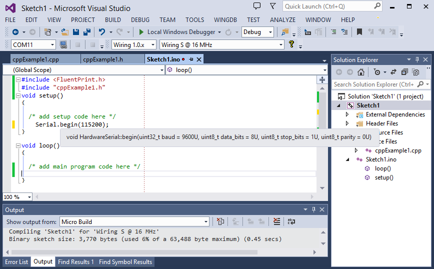 Image of the Wiring Ide hardware being programmed in Microsoft Visual Studio